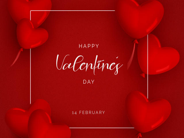 Red hearts with strings, floating in a red background, framed by a white square. Anjellina's Valentine Day card, featuring shiny, glossy, 3D-style hearts. 14 February.