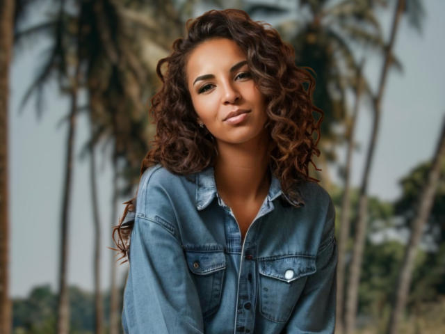KayaOcean with curly brown hair, wearing a blue denim jacket, has a cute, confident smile, standing in front of blurred palm trees. Her tits are visible under the jacket.