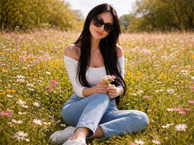Coryna with long black hair, wearing sunglasses, white off-shoulder top, blue jeans, and white sneakers, sitting in a field of daisies, holding a small bouquet of flowers.