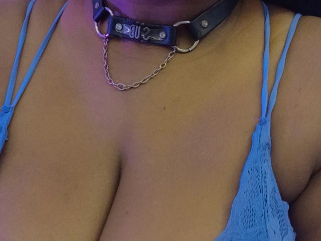 RoseBeckers' tits in a blue lace bra, wearing a black leather collar with a silver chain, her tan skin showing in the shot.