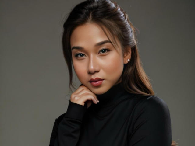 OneSeductiveDollTS with brown hair, fair skin, and subtle makeup, wearing a black turtleneck, rests her chin on her hand, looking directly at the camera.