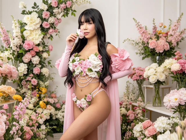 VanessaFleur with long black hair, pink floral lingerie, and matching sheer robe, holding a pink rose, standing amid colorful flower arrangements, showing her tits and pussy.