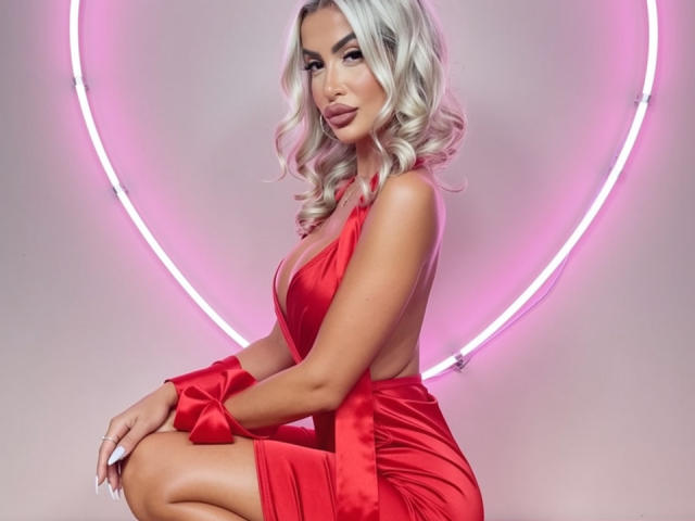 Lellie with platinum blonde curls, wearing a red satin dress, exposing her ass, sitting with a sexy smile, neon pink ring light in background.