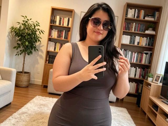 Danny Waller, com cabelo castanho escuro, vestindo um vestido cinza justo, óculos de sol e segurando um celular, tirando uma selfie em uma sala de estar, mostrando suas curvas e seios grandes..