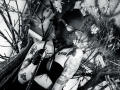 AmySpider with tattoos, wearing a black mask and glasses, surrounded by branches and flowers. She's got a black strap top, fingerless gloves, and a nose ring. Black-and-white photo.