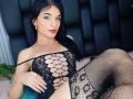 PamelaKander, dark-haired, pale-skinned, red lipstick, black lace-up bodysuit, fishnet stockings, lying on bed, black tufted headboard, seductive gaze, confident pose, exposed cleavage, sexy, provocative, high contrast, detailed lace pattern.
