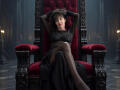 MaitresseElsa with her hands in her black hair, sitting on a red velvet throne, wearing a sheer black dress, exposing her small tits, and black pantyhose, looking confident.